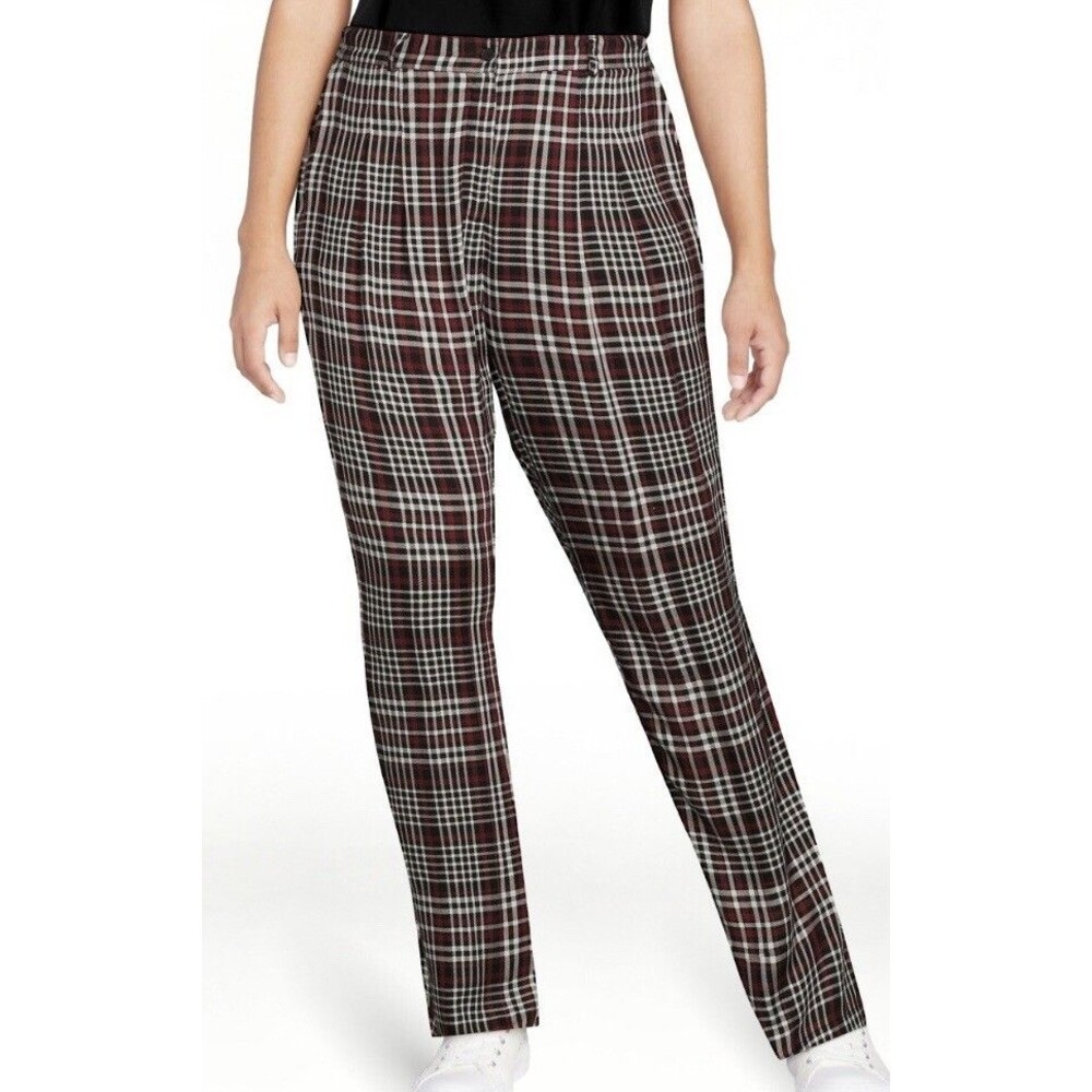 NWT Pants Trousers S Blk/Red Plaid Tartan 26"W High Rise Rayon Comfy Pockets